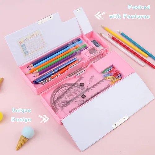 Vista 2 de Estuche de Lápices Multifuncional Emergente para Niñas y Niños, Lindo Organizador de Caja de Bolígrafos de Dibujos Animados con Sacapuntas, Horario