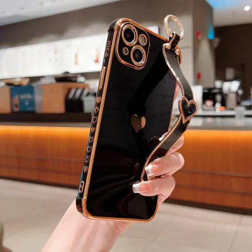 Vista 3 de DEFBSC Funda compatible con iPhone 15, con borde galvanizado, diseño de corazón con correa para la muñeca, protección completa de la cámara