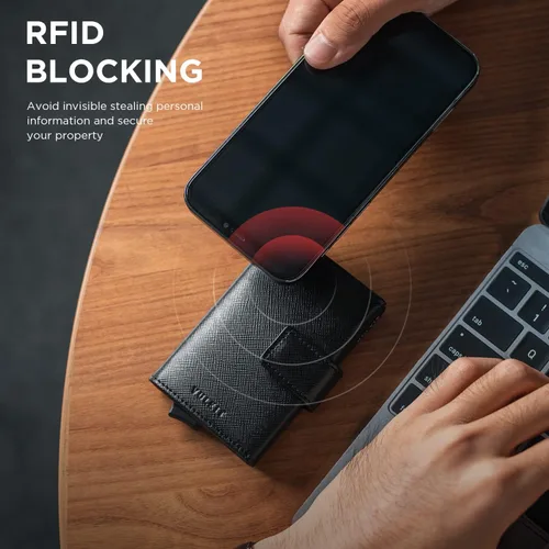 Vista 5 de VULKIT Cartera desplegable de piel auténtica, tarjetero automático de tarjetas de crédito con bloqueo RFID, cartera de bolsillo plegable con ranura