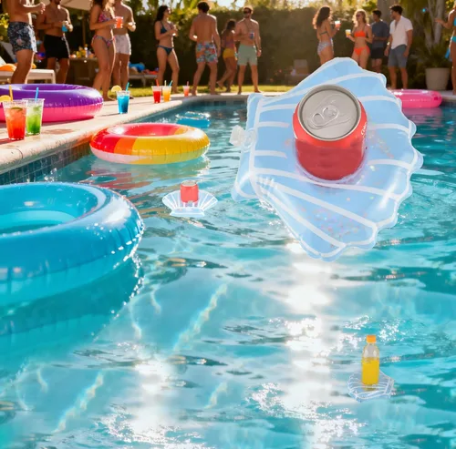 Vista 4 de Soporte para bebidas inflable para playa, portavasos flotante, bandeja enfriadora flotante, suministros de fiesta en la piscina con bomba de aire