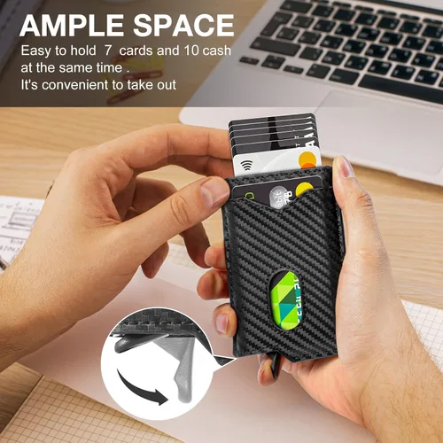 Vista 3 de GSOIAX Cartera delgada para hombre, con bloqueo RFID, carteras plegables para hombres, minimalista, de cuero auténtico, fibra de carbono, clip