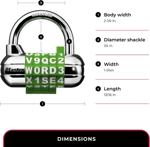 Vista 6 de Master Lock 1534D Candado para casillero, establece tu propia palabra de combinación, paquete de 1, colores surtidos