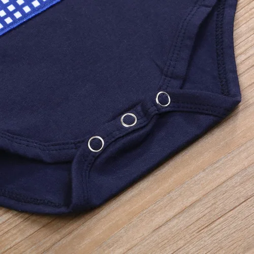 Vista 7 de Ropa de primer cumpleaños para bebé niño con cuello alto a cuadros overol de manga larga con diseño de pastel