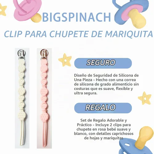 Vista 4 de BIGSPINACH Paquete de 2 clips de chupete de silicona para bebés – Correa de una pieza de grado alimenticio con cordón y clip de acero inoxidable
