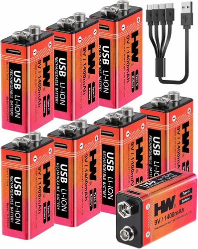 Vista 8 de HW Paquete de 4 baterías de 9 voltios, batería de litio recargable de 1400 mAh de 9 V con cable de carga rápida USB C, baterías cuadradas de más