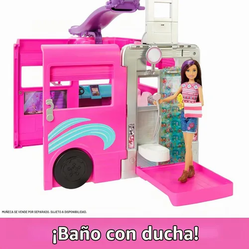 Vista 3 de Barbie Camper, juego de muñeca con 60 accesorios, tobogán de 30 pulgadas y 7 áreas de juego, Dream Camper