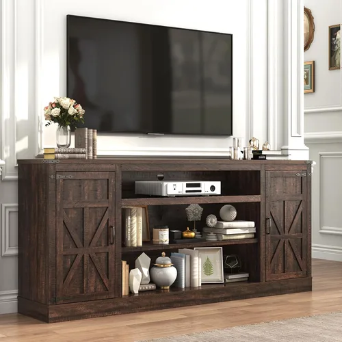 Vista 12 de Hlivelood Mueble de TV Estilo Granja de 66" con Tomas de Corriente para TVs de 75 Pulgadas, Centro de Entretenimiento de 33" de Alto con Gabinetes