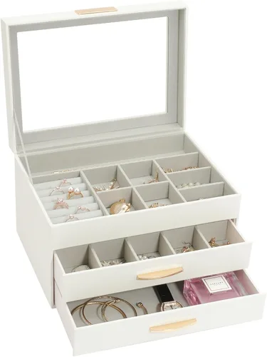 Vista 7 de V-LAFUY Joyero con tapa de vidrio, caja organizadora de joyas de 3 capas y 2 cajones, vitrina de joyería, organizador de joyas, cajas de joyería