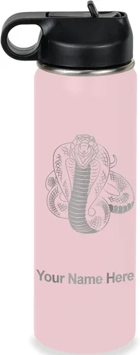 Vista 30 de LaserGram Botella de agua personalizada, serpiente de cobra, acero inoxidable de doble pared aislada al vacío con popote superior, regalo grabado