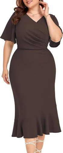 Vista 6 de LALAGEN Vestido de talla grande para mujer, modesto, de manga corta, fruncido, entallado, de sirena, vestido midi de cóctel, 1X-6X