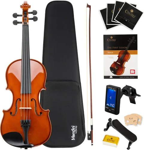 Vista 11 de Violín Mendini de madera sólida, libro de lecciones, cuerdas extra, sintonizador violín, arco y estuche