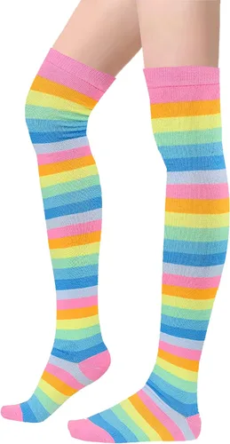 Vista 2 de Uttpll Calcetines altos hasta el muslo para mujer medias a rayas de colores modernos calcetines largos por encima de la rodilla para Halloween