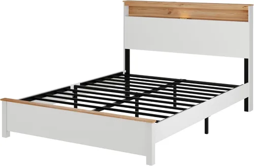 Vista 5 de Base de cama de madera de tamaño matrimonial, cama de plataforma de madera de pino maciza de color blanco con cabecero, 450 libras, resistente,