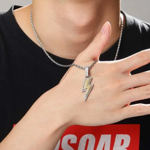 Vista 5 de KMASAL Jewelry Iced Out Lightning Pendant Necklace 18K Gold Plated Bling CZ Simulated Diamond Hip Hop Rapper Chain Necklace for Men Women