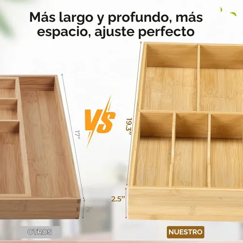 Vista 4 de Fabsome Organizador de cubiertos para cajones de cocina, bandeja de cubiertos de madera de bambú de 2.5 pulgadas de profundidad y 12.8 pulgadas