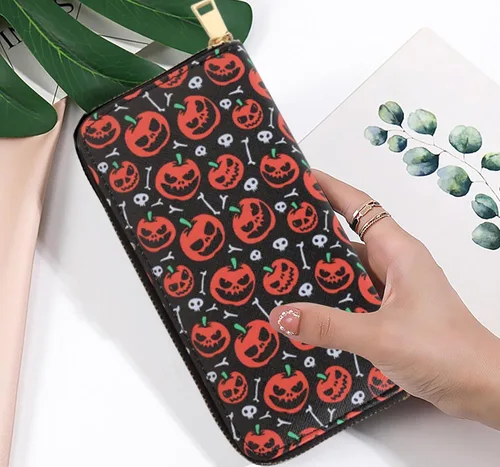 Vista 3 de Nabegum Billetera con estampado de vaca, regalos de vaca para mujer, monedero delgado para tarjetas de crédito, estampado de calabaza, Cartera larga