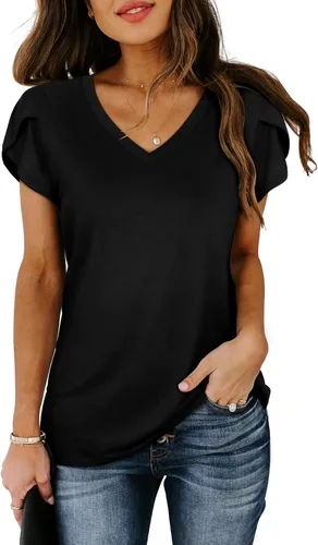 Vista 5 de WIHOLL Camisetas casuales de verano con cuello en V para mujer Negro