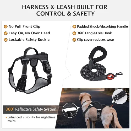 Vista 3 de IEUUMLER Arnés para perro sin tirones, chaleco reflectante con clip frontal con correa, cinturón de seguridad y correa de seguridad de respaldo, asa