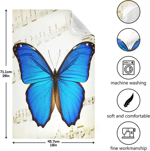 Vista 3 de Toalla de secado de cocina con notas musicales retro de mariposa azul, 28 x 18 pulgadas, toallas de cocina absorbentes decorativas