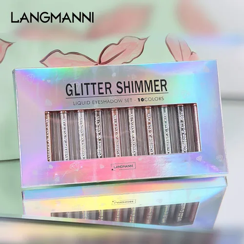 Vista 6 de LANGMANNI 10 sombras de ojos con purpurina líquida, juego de maquillaje metálico brillante a prueba de sudor, polvo de mezcla altamente pigmentado