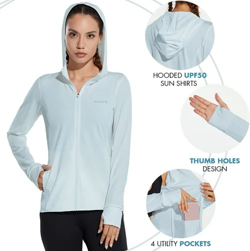 Vista 5 de BALEAF Chaqueta de protección solar UPF 50+ para mujer, con capucha, con bolsillos, para senderismo, rendimiento al aire libre