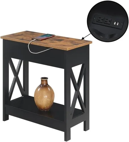 Vista 4 de Convenience Concepts Oxford - Mesa auxiliar abatible con estación de carga de 23.75 pulgadas, moderna mesa de sala de estar con puertos USB y tomas