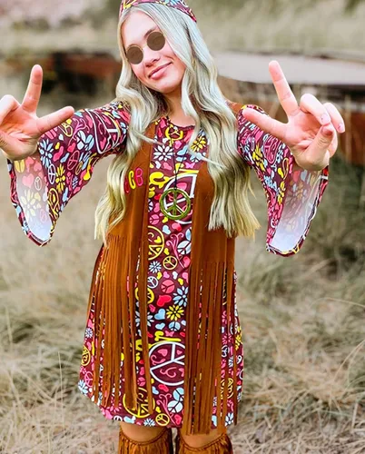 Vista 6 de Hippy Hippie Costume Women Teen Girl 60s 70s Outfit Clothes Hippie Halloween Costume for Women 70s Disco Costume Hippie Dress