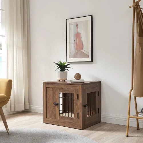 Vista 2 de unipaws Jaula de perro estilo muebles de 25.5 pulgadas para perros pequeños Nogal