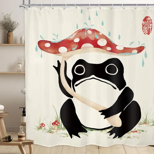 Vista 36 de Juego Divertido de Cortina de Rana Retro para Ducha, Juego de Baño 48x71 Pulgadas, Estilo Asiático Lindo, Arte Japonés Tradicional de Pato de Goma