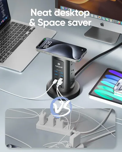 Vista 5 de Kakyanill Estación de carga USB de 30 W, torre de regleta de alimentación, 9 salidas de CA con 8 puertos USB (4 USB-C), cable de extensión retráctil