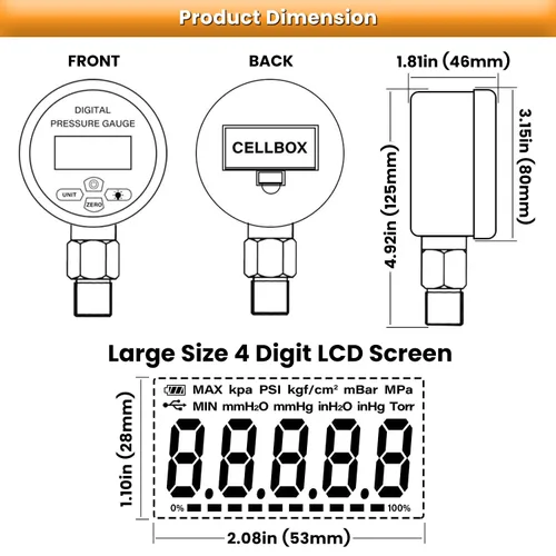 Vista 6 de Manómetro de presión hidráulica digital de 10000PSI Sensor de presión Manómetro con conector NPT de 1/4 de pulgada Base Entrada 700BAR/70Mpa 3.15