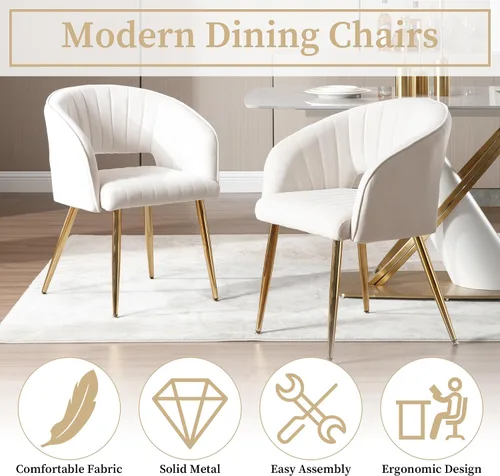 Vista 7 de ABET Juego de 2 sillas de comedor de terciopelo, rayas modernas con patas doradas, color beige