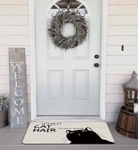 Vista 4 de Tapete de regalo de gato negro, tapete de bienvenida antideslizante de 30 x 17 pulgadas, tapete para puerta de gato, decoración de gato negro
