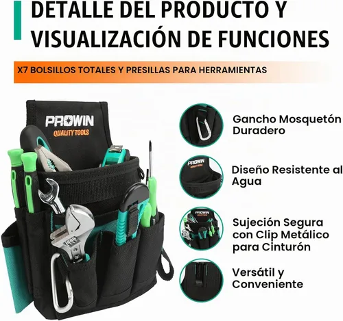 Vista 5 de Prowin - Bolsa de herramientas organizadora de bolsillo para electricista, bolsa de cinturón de herramientas duradera