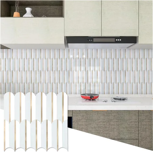 Vista 12 de 10 hojas de escamas de pescado para despegar y pegar para azulejos de pared de cocina, 12 pulgadas, mármol marrón, mezcla de metal dorado, azulejos