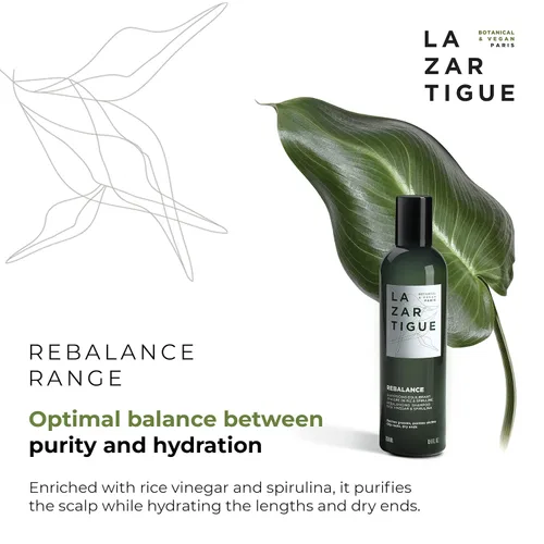 Vista 5 de Lazartigue Rebalance Champú, vinagre de arroz y espirulina, purifica las raíces grasas y equilibra la humedad, vegano, sin sulfatos y silicona, 8.4