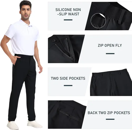 Vista 3 de MoFiz Pantalones de golf ajustados para hombre, con 2 bolsillos con cremallera, ligeros, elásticos, casuales, para viajes, trabajo, para hombre