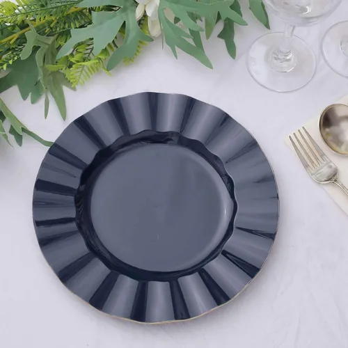 Vista 37 de Tableclothsfactory Paquete de 10 platos redondos de plástico negro de 6 pulgadas para ensalada de postre, platos desechables con borde ondulado