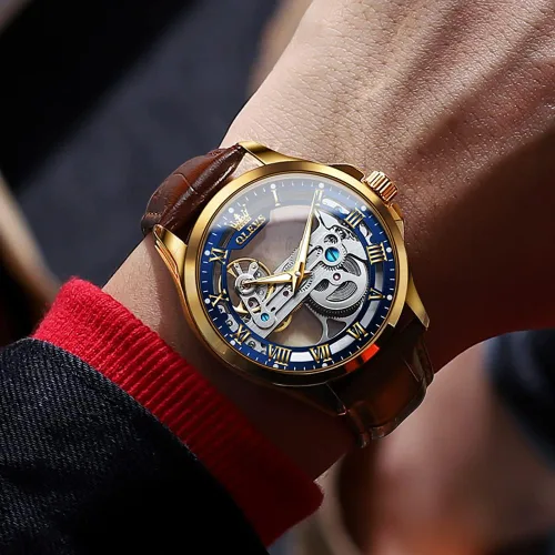 Vista 28 de OLEVS Relojes de esqueleto para hombre, automático, mecánico, de lujo, de cuero, impermeable, luminoso, reloj de pulsera para hombre
