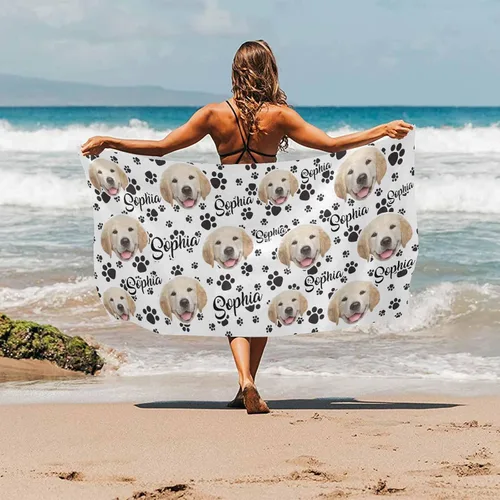 Vista 2 de MyPupSocks Toallas de playa personalizadas para niños y adultos, toalla de piscina con nombre y cara de perro, regalos personalizados con nombre