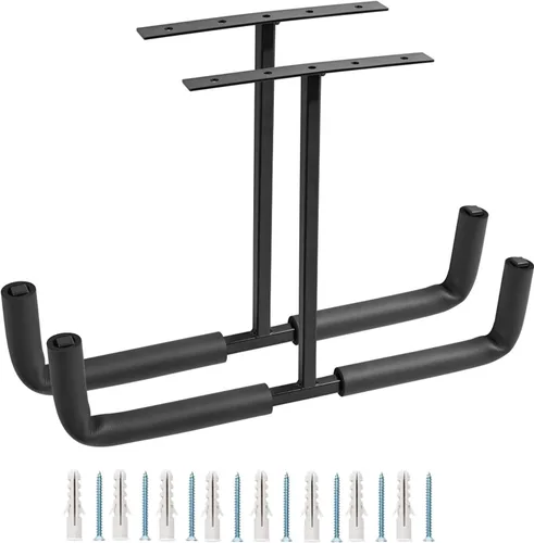 Vista 7 de 4 ganchos de garaje montados en el techo, estante de almacenamiento de garaje superior, perchas de escalera para herramientas de bicicleta de madera