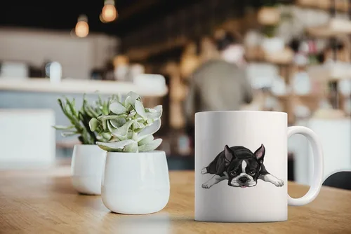 Vista 5 de MUGBREW Boston Terrier - Taza de café de cerámica con diseño de perro acostado y mirando hacia arriba, 11 onzas