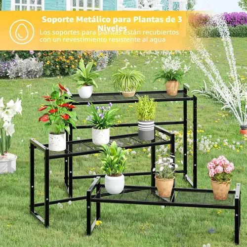 Vista 4 de Simple Trending Soporte de metal de 3 niveles para plantas al aire libre e interior, impermeable, apilable, resistente, estante alto para plantas