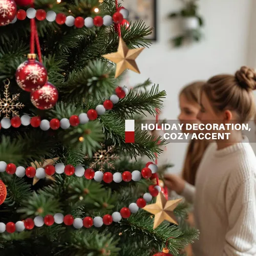 Vista 6 de 200 cuentas de madera de Navidad de 0.63 pulgadas para manualidades con cuerda de cáñamo de 3.9 pies, cuentas sueltas redondas de madera roja