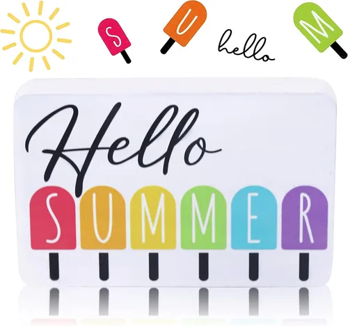 Vista 3 de Letrero de bandeja escalonada con texto en inglés «Hello Summer» – Letrero envejecido, decoración rústica, mini letrero, decoración de granja