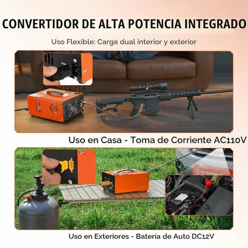 Vista 4 de Compresor de aire PCP 4500Psi/30Mpa, bomba de llenado rápido sin aceite de 300 W con apagado automático, doble potencia 12 V CC y 110 V CA