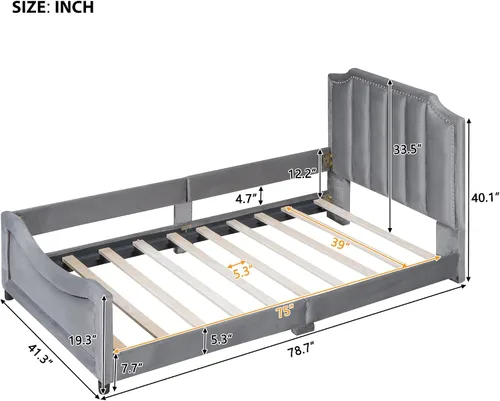 Vista 2 de Harper & Bright Designs Sofá cama tapizado con plataforma de terciopelo individual, cabecera clásica a rayas, sofá cama de madera para adultos
