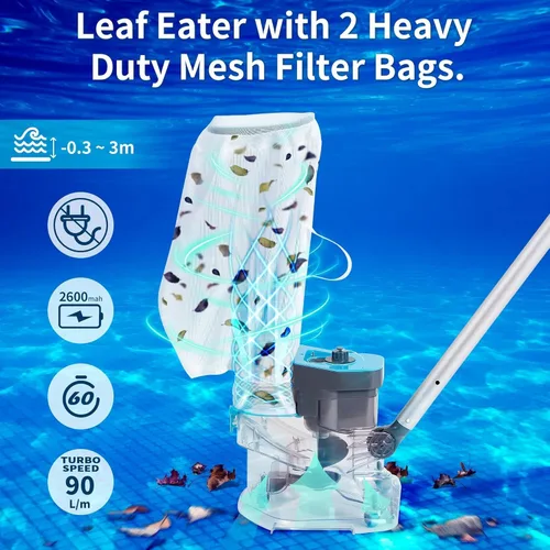 Vista 5 de Aspirador inalámbrico de hojas de piscina con bolsas de filtro dobles para piscinas sobre el suelo y enterradas, aspiradora de piscina resistente