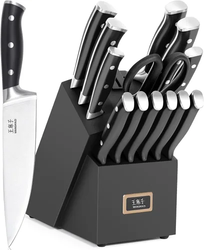 Vista 7 de WANGMAZI Juego de cuchillos de cocina de 15 piezas con afilador integrado, juego de cuchillos de cocina aptos para lavavajillas, cuchillos de acero