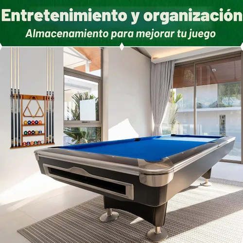 Vista 7 de Estante de madera para pared, 6 tacos-palos de billar, elija caoba, negro o roble.